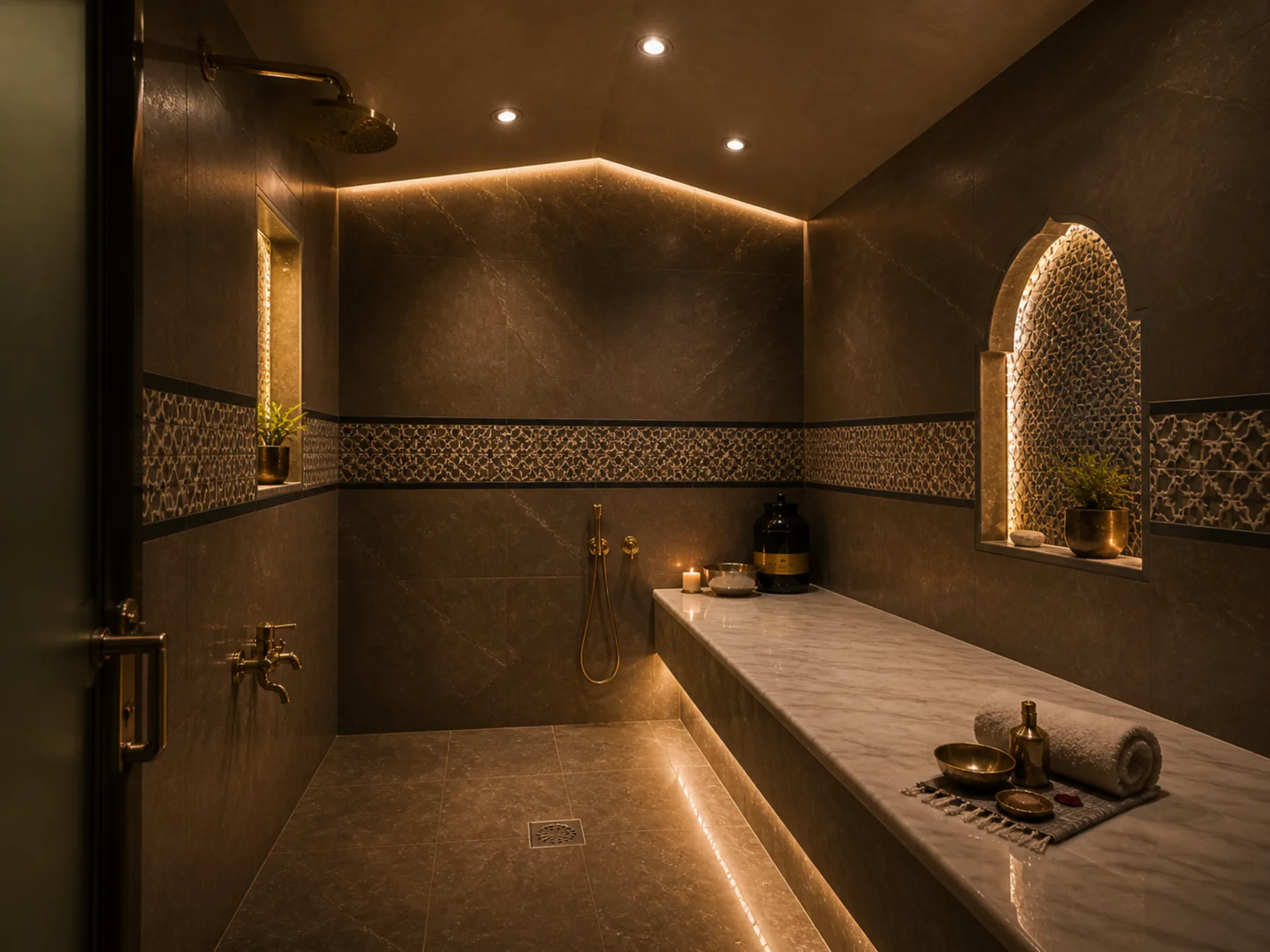 Premium Moroccan bath room with warm lighting at Hide Park Spa Abu Dhabi